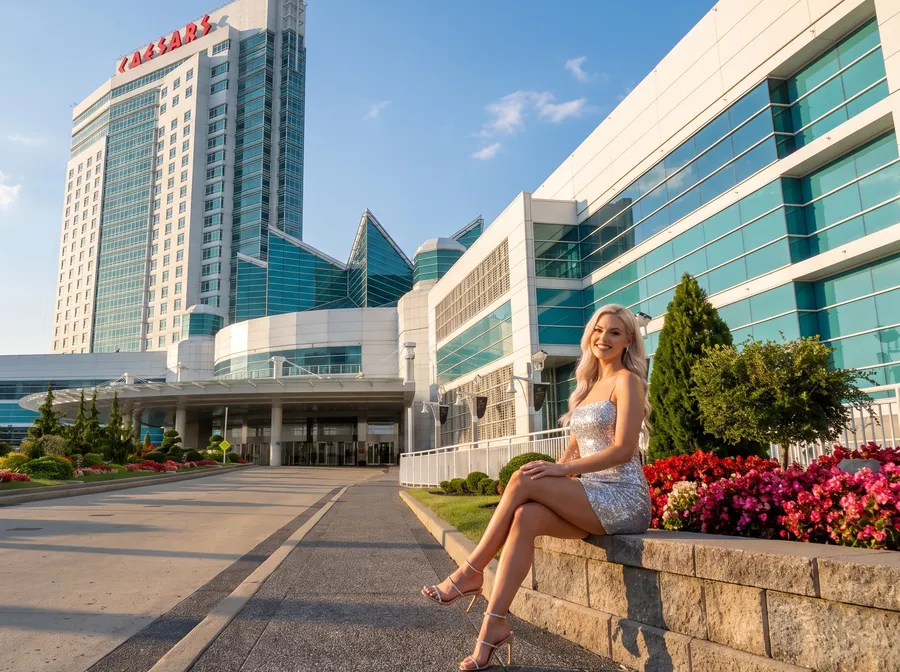Woman by the flower beds at the Caesars Windsor entrance